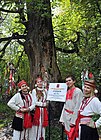 Подростки в эрзянских национальных костюмах возле священного 400-летнего дуба в Симкинском лесничестве