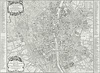 Plan de Jaillot (1713). L'actuelle rue Saint-Maur y correspond à une série de chemins dans le coin haut gauche de la carte (le nord étant orienté vers la gauche) : rue Saint-Maur (s'étendant bien au-delà de l'hôpital Saint-Louis), rue du Chemin-Saint-Denis, rue du Bas-Pincour. La voie est limitée au sud par le couvent de la Roquette.