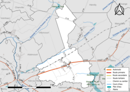 Carte en couleur présentant le réseau hydrographique de la commune