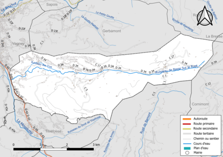 Carte en couleur présentant le réseau hydrographique de la commune