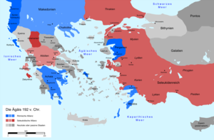 Политическа карта на Егейската територия преди избухване на войната през 192 пр.н.е.