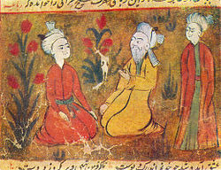 Amir Khusrow teaching his disciples in a miniature from a manuscript of Majlis al-Ushshaq by Husayn Bayqarah.