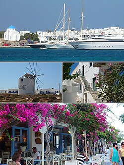 From top left: The port of Antiparos, windmills, traditional houses in the castle and shopping street