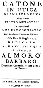 Antonio Vivaldi – Catone in Utica – Titelseite des Librettos – Venedig 1737