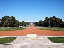 The Stone of Remembrance, looking towards the AWM's Parade Ground. Anzac Parade is visible in the background. Anzac Parade viewed from the AWM May 2015.jpg