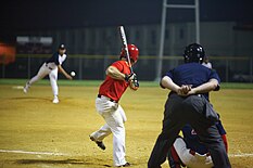 A baseball game being played between American Marines and Japanese players. Baseball is a game invented by the English, modified by America, and is a popular sport in Japan and neighboring countries. Baseball builds bonds, Okinawa, Marine baseball teams compete 120811-M-IM838-001.jpg