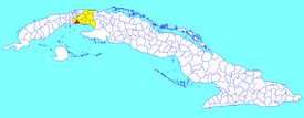 Batabanó municipality (red) within Mayabeque Province (yellow) and Cuba