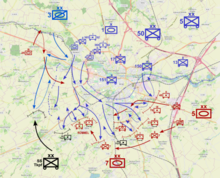 Battle of Arras: French in blue, British in dark blue, German Army in red, SS in black Battle of Arras (21 May 1940).png