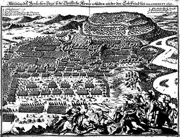 Zeitgenössische Darstellung der Schlacht bei Slankamen (Theatrum Europaeum 1702)