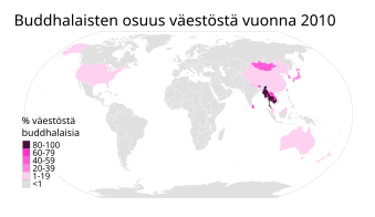 Kartta näyttää buddhalaisten osuuden valtioiden väestöstä vuonna 2010. Buddhalaisuuden ydinkannattaja-aluetta on Kaakkois-Aasia.