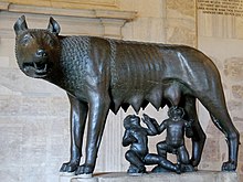 The Capitoline Wolf sculpture in the Capitoline Museums. According to legend, Rome was founded in 753 BC by Romulus and Remus, who were raised by a she-wolf. Capitoline she-wolf Musei Capitolini MC1181.jpg