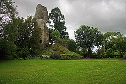 The ruins of Castle Jordan tower house lie close to the centre of the village