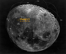 Annotated image of the approximate landing site of the Chinese Chang'e-3 lander. It was launched at 17:30 UTC on 1 December 2013 and reached the Moon's surface on 14 December 2013. The lunar coordinates are: 44.12degN 19.51degW. Chang'e-3 lunar landing site.jpg