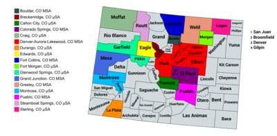 科罗拉多州17个核心统计区地图。