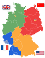 Zonele aliate de ocupație din Germania în 1946, după schimbarea granițelor în est. Regiunea Saar (hașurată), aflată în zona franceză de ocupație, a devenit protectorat și nu a fost reincorporat în RFG până în 1957. Germania Răsăriteană istorică, care nu apare pe această hartă, a fost anexată de Polonia și URSS.