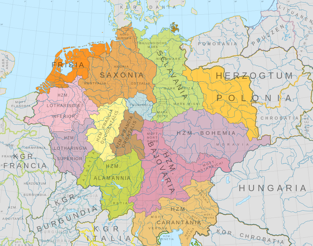 A map of the German Kingdom/East Francia around 1000 C.E. The map is a vectorised version of one found in Professor G. Droysens Allgemeiner Historischer Handatlas, which was published in 1886 by R. Andrée Plate, and is now in the public domain.