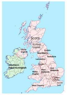 A map showing the main dialect regions in the United Kingdom and Ireland Dialects of English in UK and Ireland.svg