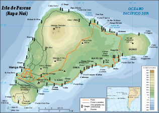 22/06: Mapa topogràfic de l'illa de Pasqua indicant la localització dels moais.