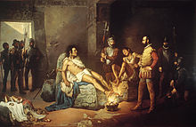 "The Torture of Cuauhtemoc", a 19th-century painting by Leandro Izaguirre El suplicio de Cuauhtemoc.jpg