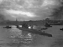 German submarine U-190 surrenders in St. John's, Newfoundland and Labrador, June 1945. U-boats operated in Canadian and Newfoundland waters during the war in an attempt to disrupt the convoys. German submarine U-190.jpg