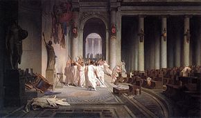 The Death of Caesar, by Jean-Léon Gérôme (1867). On March 15, 44 BC, Octavius' adoptive father Julius Caesar was assassinated by a conspiracy led by Marcus Junius Brutus and Gaius Cassius Longinus.