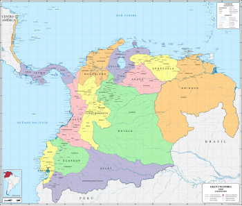 Departamentos de la Gran Colombia en 1824.