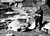 Dead bodies of the Chinese Hui Muslim Ha family who were slaughtered and raped by the Japanese in Nanjing. The photo comes from Case 5 of John Magee's film. On 13 December 1937, about 30 Japanese soldiers murdered all but two of 11 Chinese Hui Muslims from the Ha family in the house at No. 5 Xinlukou. A woman and her two teenaged daughters were raped, and Japanese soldiers rammed a bottle and a cane into her vagina. An eight-year-old girl was stabbed, but she and her younger sister survived. They were found alive two weeks after the killings by the elderly woman shown in the photo. Bodies of the victims can also be seen in the photo. Horrible death, Nanking Massacre.jpg