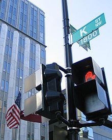 K Street in Washington, D.C., has become a metonym for the American lobbying industry. K Street NW at 19th Street.jpg