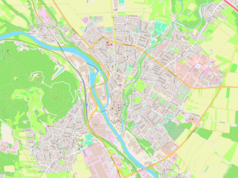 Mapa konturowa Kranja, blisko centrum na lewo znajduje się punkt z opisem „Kranj”