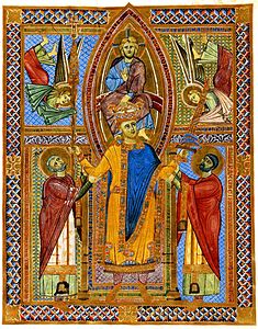 Sacramentario di Enrico II, scena dell'incoronazione dell'imperatore, f.11r.