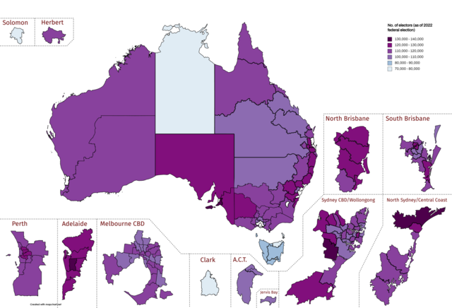 Map representing the number of eligible voters in Australia by federal division, as of the 2022 federal election
