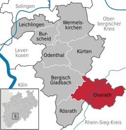 Läget för staden Overath i Rheinisch-Bergischer Kreis