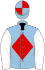 Light blue, red diamond, white sleeves, light blue and red quartered cap