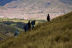 Cusco as seen from the Cachimayo District north of the town (near Chaypa and the mountain Sirk'a)