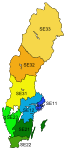 Svenska NUTS-regioner (statistiska riksområden), nivå 2.