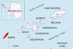 Plasseringa til Smith Island i Sør-Shetlandsøyane.