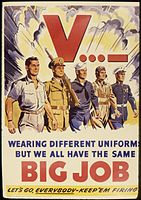 The V-sign (and its Morse code equivalent) incorporated on an American propaganda poster for the War Production Board, 1942 or 1943