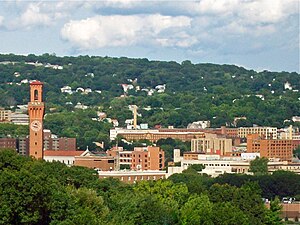 Waterbury skyline from west, with Union Station clock tower at left