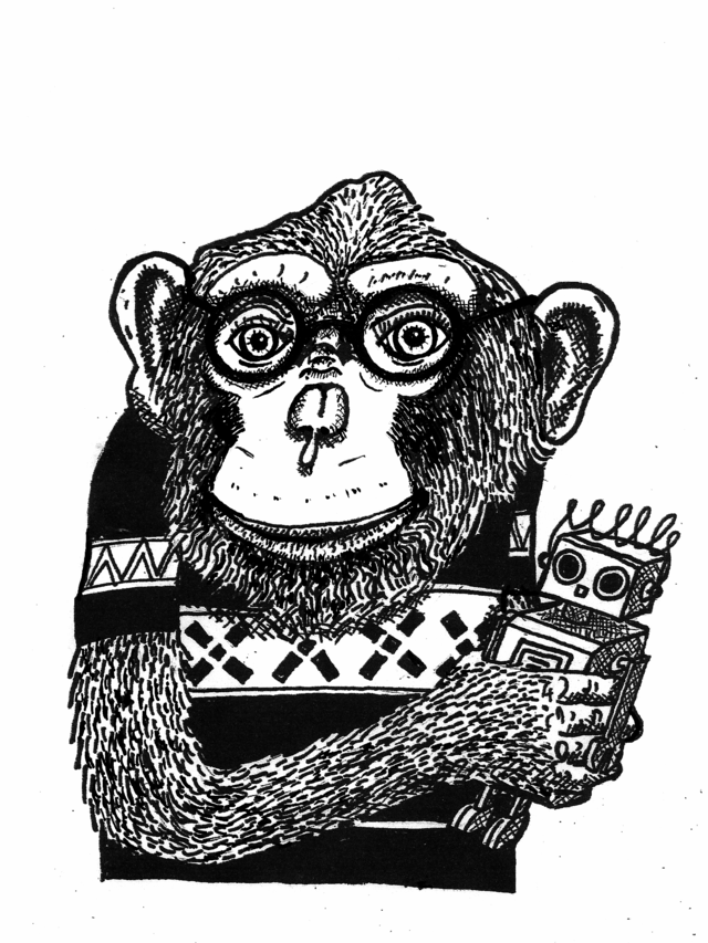 Dessin à l'encre d'un singe vêtu d'un pullover tenant un jouet robot