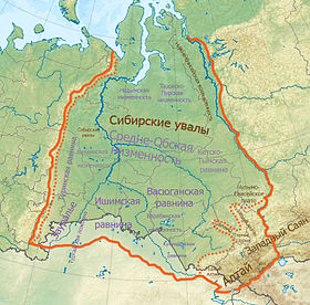 Кондинская низменность на карте Западной Сибири (горные районы отделены пунктиром)