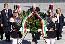 President of Italy Sergio Mattarella paying homage to the Italian Unknown Soldier at Altare della Patria in Rome during the Anniversary of the Unification of Italy on 17 March 2023 162th anniversary of the Italian unification (07).jpg