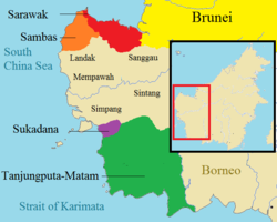 The polity of western Borneo, 17th century, with Sarawak in Red. The kingdoms that established close relationship with Sarawak are illustrated in colour, while other neighbouring kingdoms are represented in light brown.