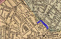 Annotated map showing the 2015 location of Haymarket on 1871 base map showing Haymarket Square