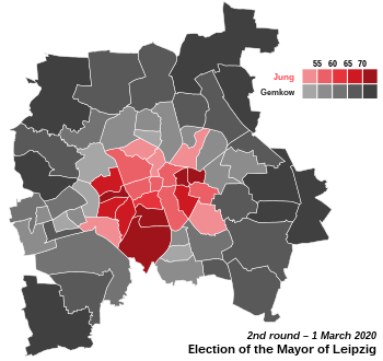 Results of the second round of the 2020 mayoral election 2020 Leipzig mayoral election (2nd round).svg