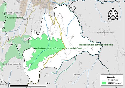 Carte des ZNIEFF de type 1 sur la commune.