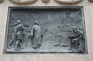 Giordano Bruno facing the Inquisition. Relief ...