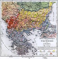 1877 میں بلقان کی نسلی تشکیل کا نقشہ اے سنویٹ ، قسطنطنیہ کے عثمانی لائسیم کے معروف فرانسیسی پروفیسر کے ذریعہ