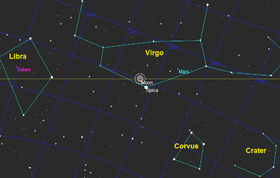 Le mouvement horaire de la Lune à travers l'ombre de la Terre dans la constellation de la Vierge, près de l'étoile Alpha Virginis.