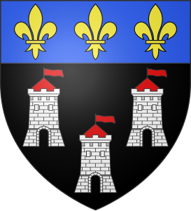 Blason de sable, à trois tours couvertes d'argent ; au chef d'azur chargé de trois fleurs de lis d'or.