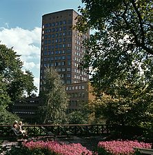 Planteringar i Vasaparkens västra del. Bonnierhuset i fonden, 1963.